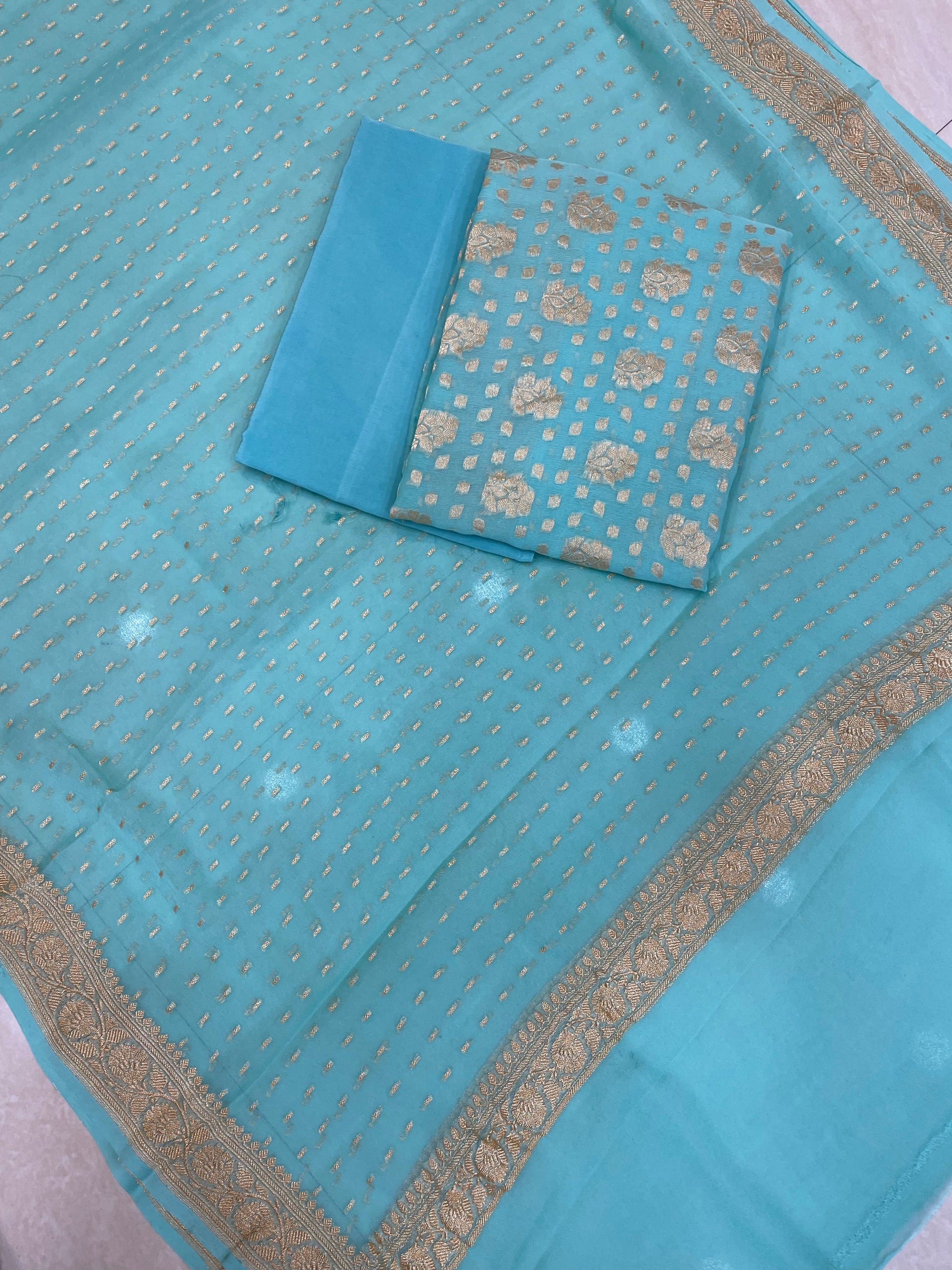 Aqua Blue Pure Khaddi Georgette Banarasi Dress material - The Handlooms