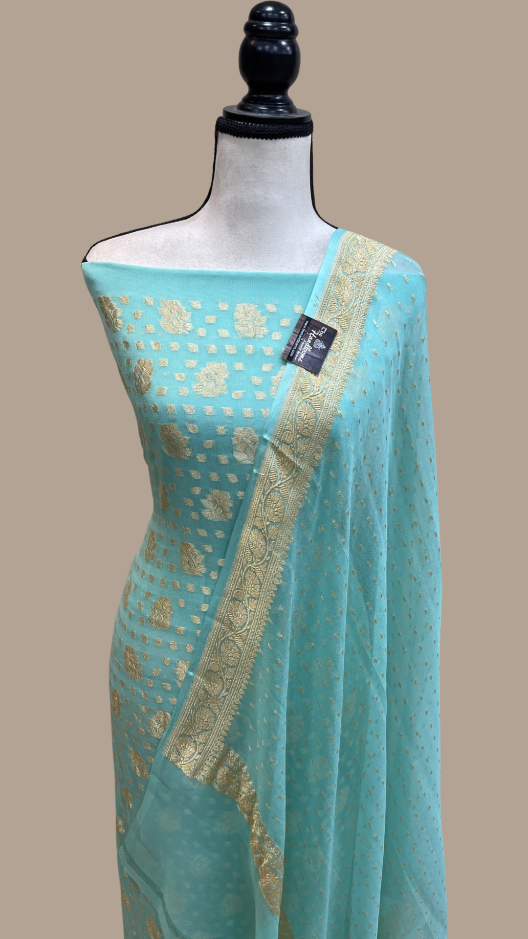 Aqua Blue Pure Khaddi Georgette Banarasi Dress material - The Handlooms